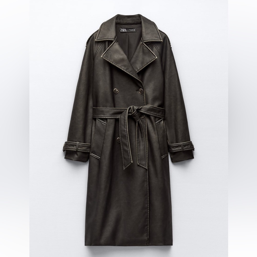 ZARA DISTRESSED FAUX LEATHER TRENCH COAT